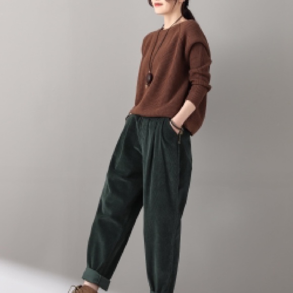 Corduroy Elastic Waist Loose Fit Brown Pants Small - Picture 9 of 11